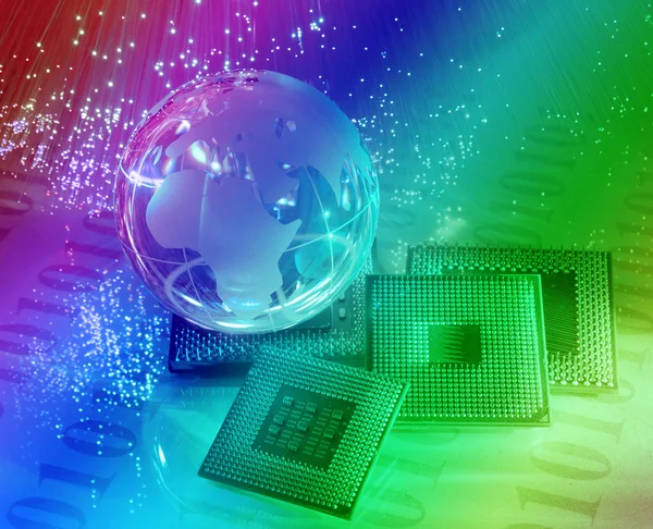 Microprocessadores centrais para um computador em um backgrou de fibra óptica de tecnologia — Fotografia de Stock