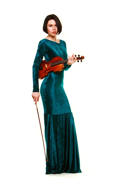 Дівчина зі скрипкою на білому — стокове фото
