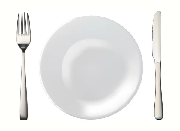 Messer, weißer Teller und Gabel isoliert — Stockvektor