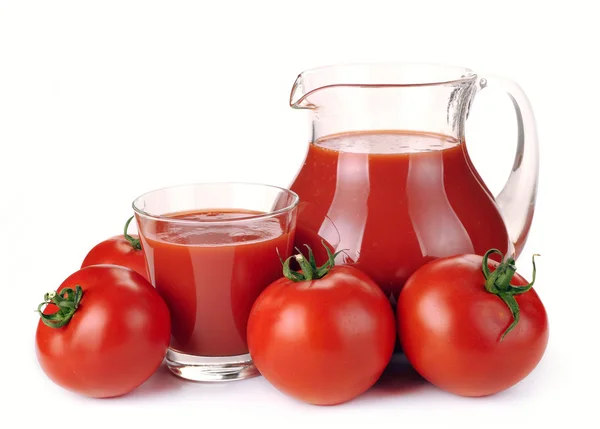 Krug, Glas Tomatensaft und Früchte — Stockfoto