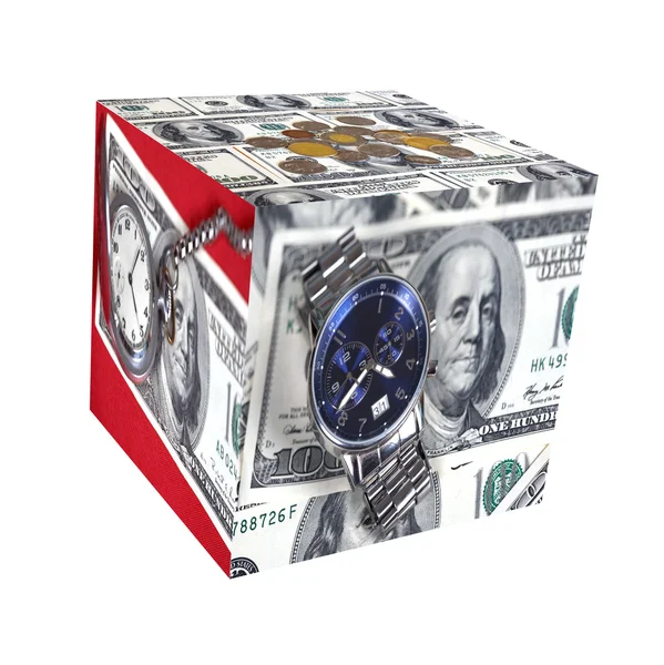 Collage. Orologio e denaro — Foto Stock