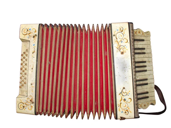 Antiguo instrumento musical de acordeón sucio aislado sobre blanco — Foto de Stock