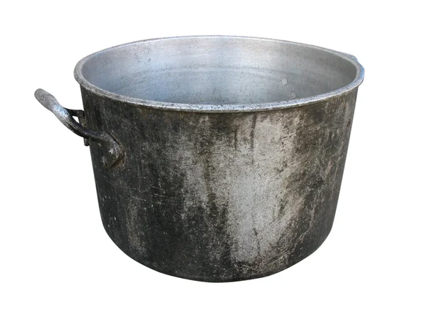 Eski kirli metalik pan üzerine beyaz izole — Stok fotoğraf