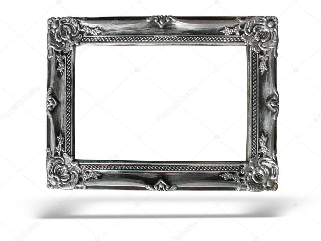 Old antique silver frame over white background