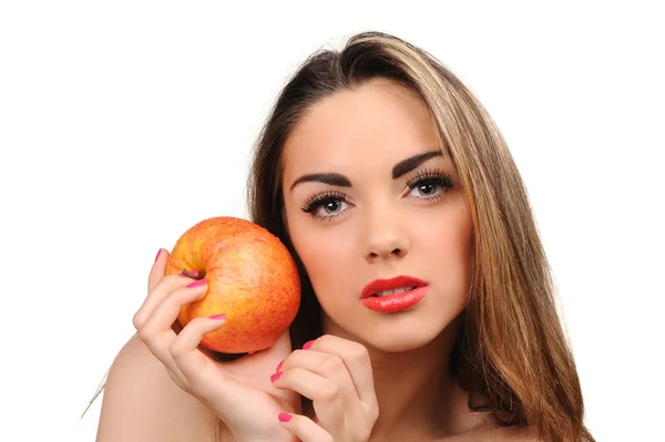 Krásná mladá žena s apple. Izolované na bílém — Stock fotografie