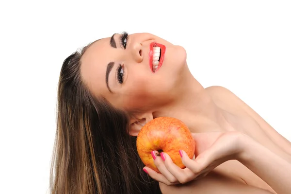 Hermosa joven con manzana. Aislado sobre blanco — Foto de Stock