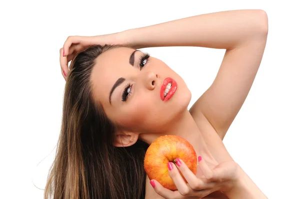 Schöne junge Frau mit Apfel. isoliert über weiß — Stockfoto