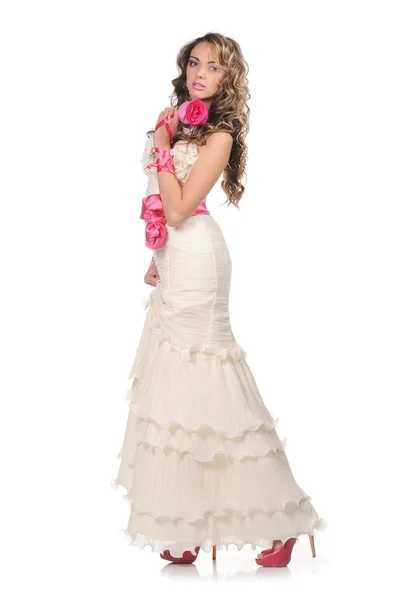 Bellezza giovane sposa vestita con eleganza abito da sposa bianco — Foto Stock