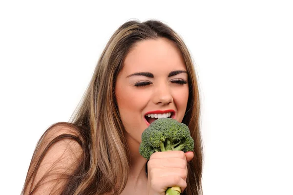 Portrait of beautiful girl with green broccolli — Stock Photo, Image