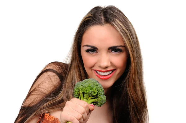 Retrato de menina bonita com broccolli verde — Fotografia de Stock