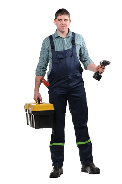 Mechaniker mit Werkzeugen auf weißem Hintergrund — Stockfoto