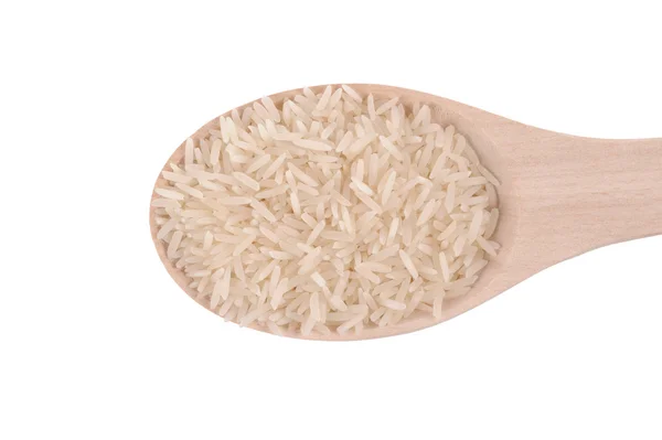 Рис на ложке изолирован на белом фоне — стоковое фото