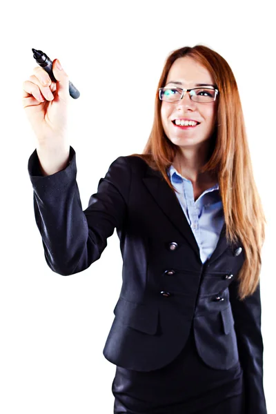 Retrato de uma jovem mulher de negócios bonita segurando um marcador — Fotografia de Stock