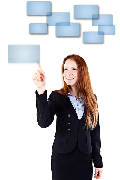 Portrait of a young beautiful business woman pressing on a virtual button interface (concet pt) — Stock Photo, Image