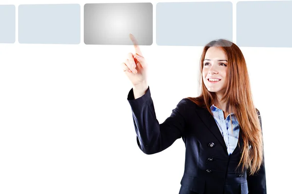 Προσωπογραφία γυναίκας νέους όμορφης επιχειρηματικής πατάει ένα κουμπί εικονική διεπαφή (concet pt) — Φωτογραφία Αρχείου