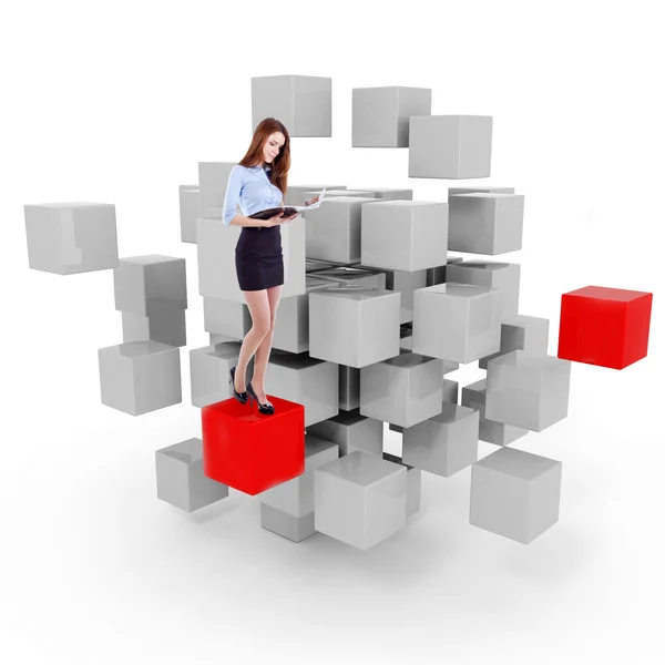 Unga företag kvinna och en 3d-kub labyrint — Stockfoto