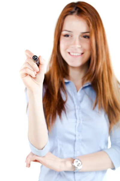 Close up of a yung business woman holding a pencil — Stock Photo, Image