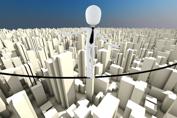 Homem 3d homem de negócios em equilíbrio em uma corda fina — Fotografia de Stock