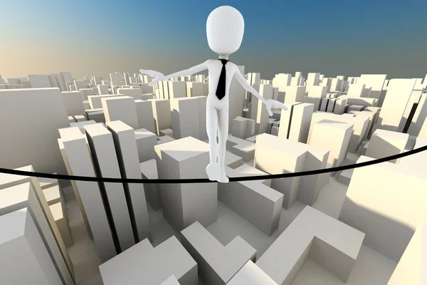 3D-Mann Geschäftsmann im Gleichgewicht auf einem dünnen Seil — Stockfoto