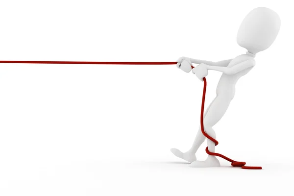 3d homem puxando uma corda, no fundo branco — Fotografia de Stock