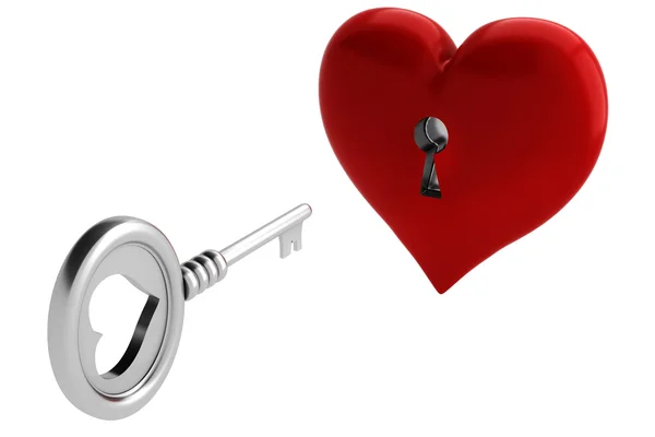 3d Schlüssel und Herz, Valentin-Konzept — Stockfoto