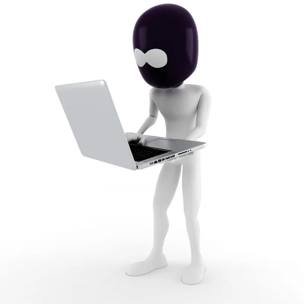 3d homem hacker, roubando dados de um laptop — Fotografia de Stock