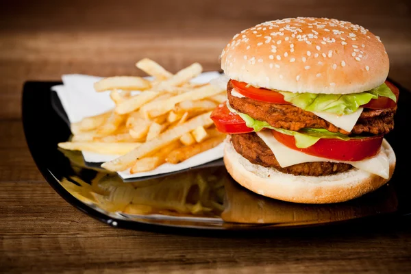 stock image Fast food tasty hamburger and franch fries