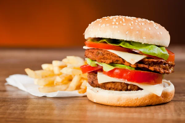 stock image Fast food tasty hamburger and franch fries