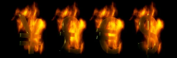 Euro, Dólar, Libra y Yen Símbolos ardiendo —  Fotos de Stock