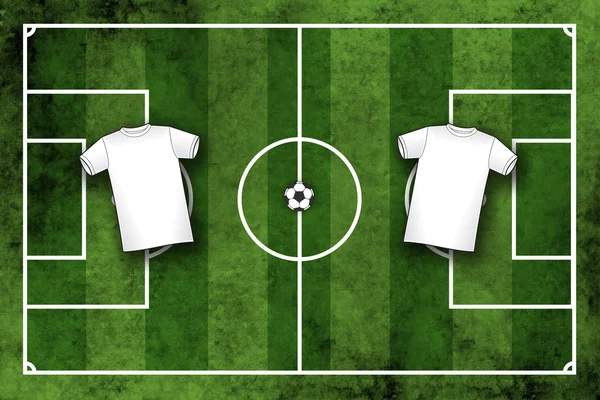 Ποδόσφαιρο ή ποδόσφαιρο πεδίο με κενό άσπρα πουκάμισα — Φωτογραφία Αρχείου