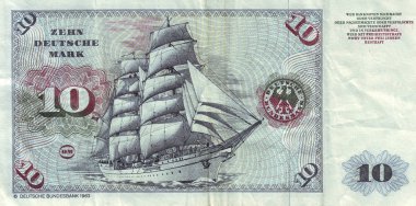 Detail of bank notes in 10 DM 1963. with the image of the ship «Gorch Fock II»