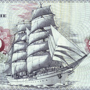 Detail of bank notes in 10 DM 1963. with the image of the ship «Gorch Fock II» clipart