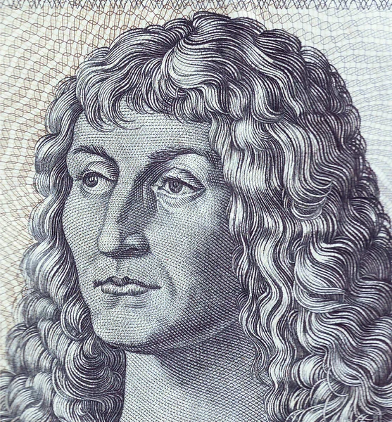 Detail of bank notes in 10 DM 1963. with a portrait of a young man based on the eponymous painting by Durer — Stock Photo, Image