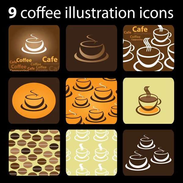 9 Ikoner med kaffe – stockvektor