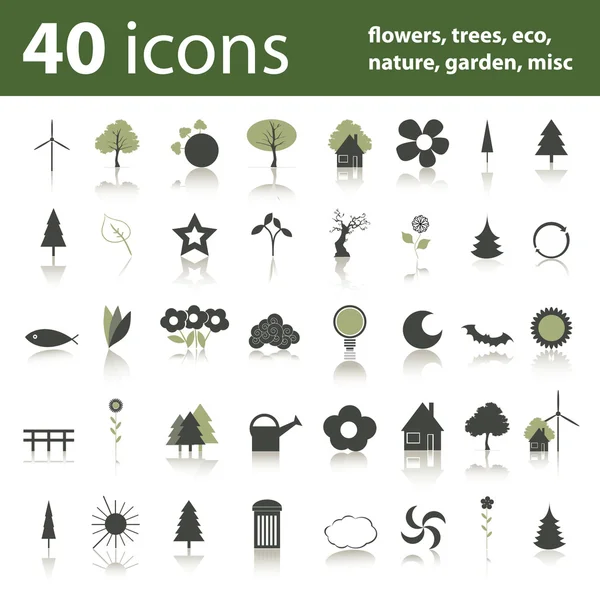 40 ícones: flores, árvores, eco, natureza, jardim, misc — Vetor de Stock
