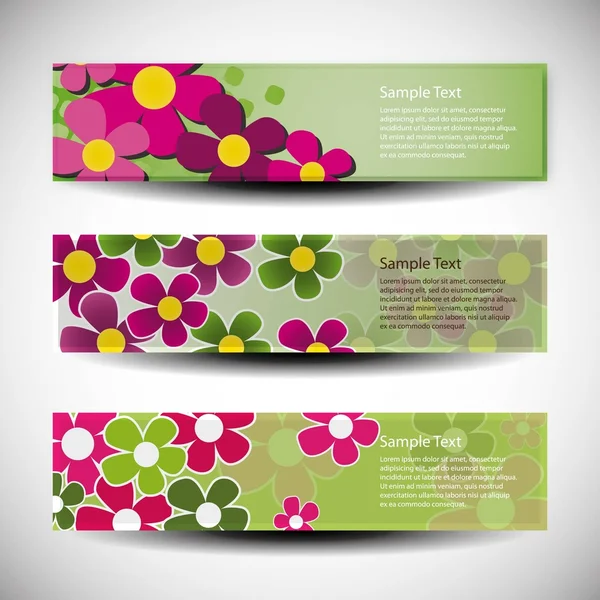 Conjunto vectorial de tres diseños de pancartas con flores — Vector de stock