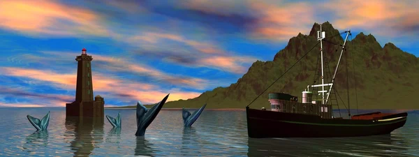 Barco e peixe — Fotografia de Stock