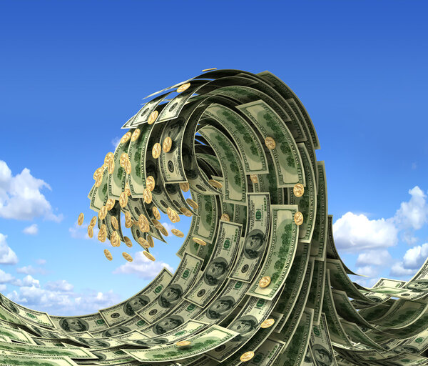 Dollars wave over blue sky