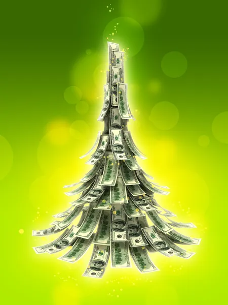 Доллары банкноты, сделанные как елка на зеленом фоне — стоковое фото
