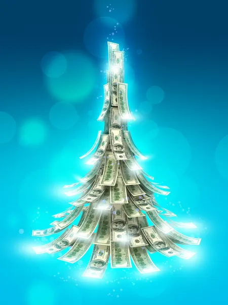 Billetes de dólares hechos como árbol de Navidad sobre fondo azul —  Fotos de Stock