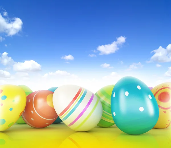 Easter eggs and chickens on sky background — Stock Photo, Image
