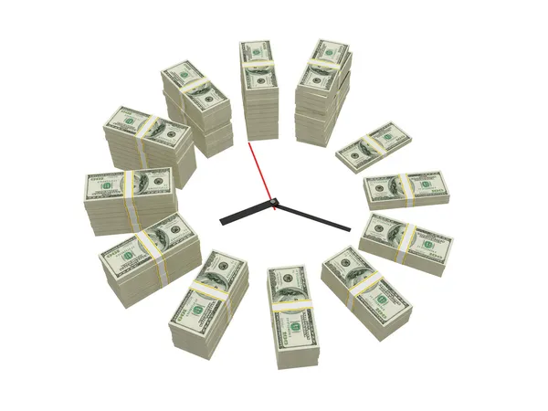 Cara de relógio com pilhas de dinheiro. Isolados . — Fotografia de Stock