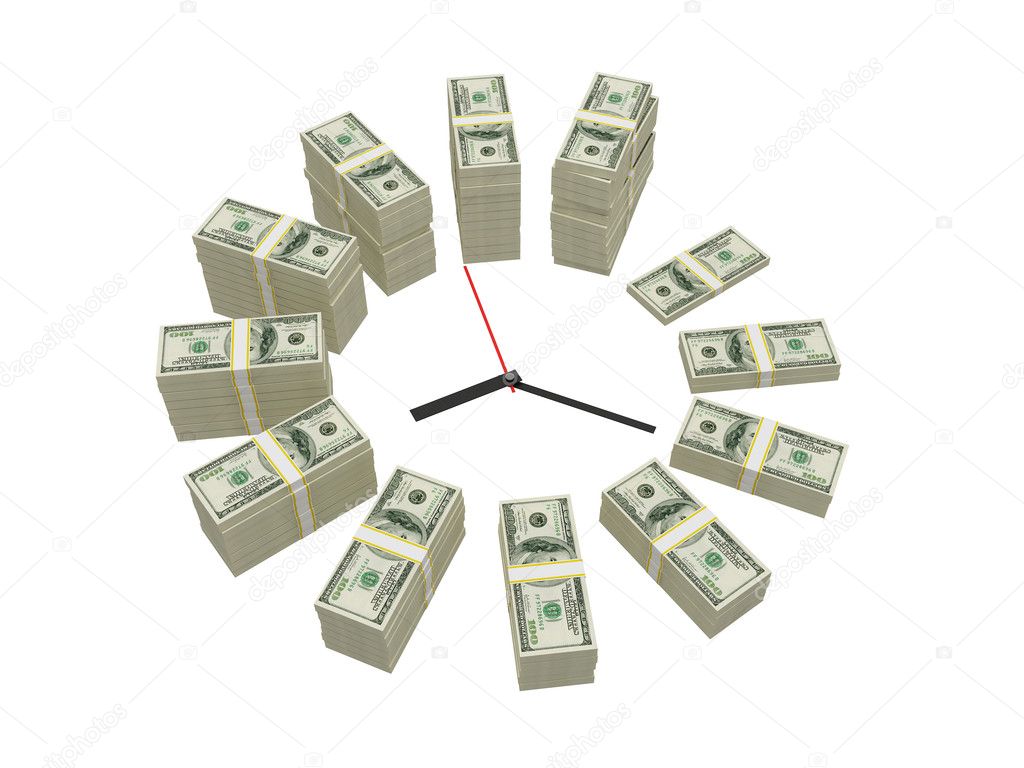 Clock-face with money stacks. Isolated.