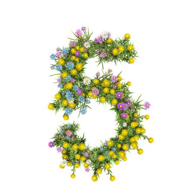 Number 5, flower alphabet isolated on white clipart