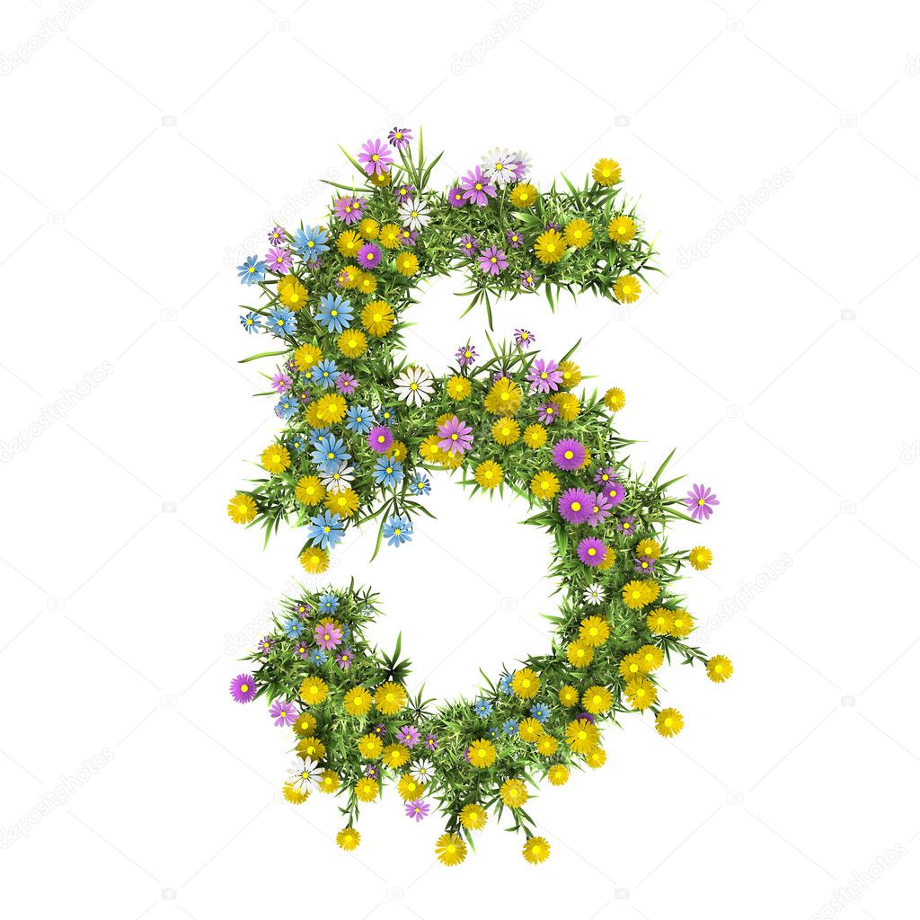Number 5, flower alphabet isolated on white