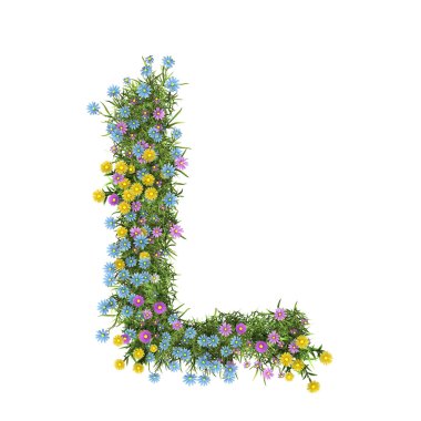 l harfi, üzerinde beyaz izole çiçek alfabesi