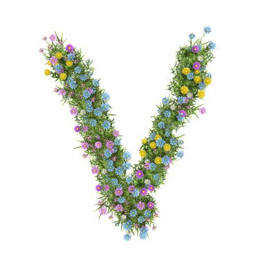harf v, üzerinde beyaz izole çiçek alfabesi