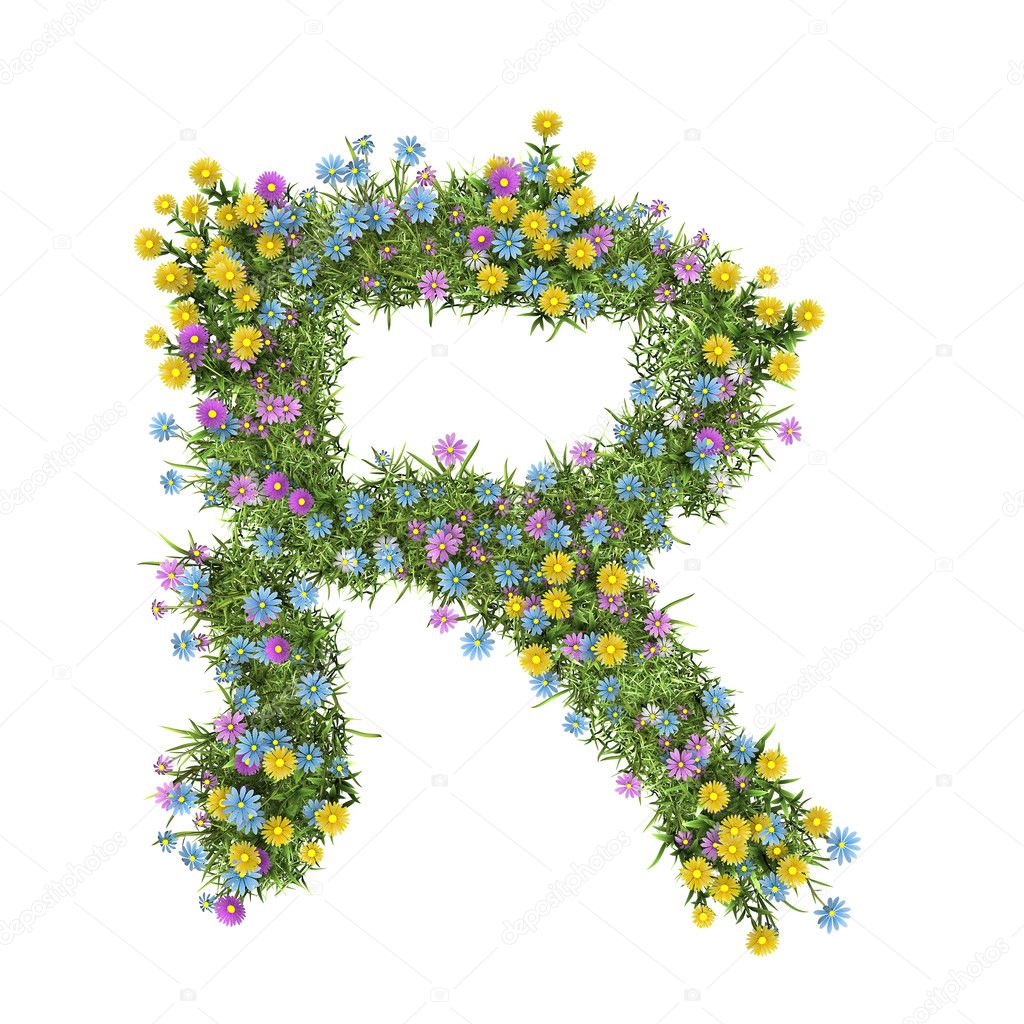 Letter R, flower alphabet isolated on white