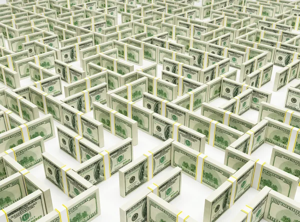 Labyrinthe de labyrinthe financier fait de billets de 100 usd. rendu 3D haute résolution . — Photo