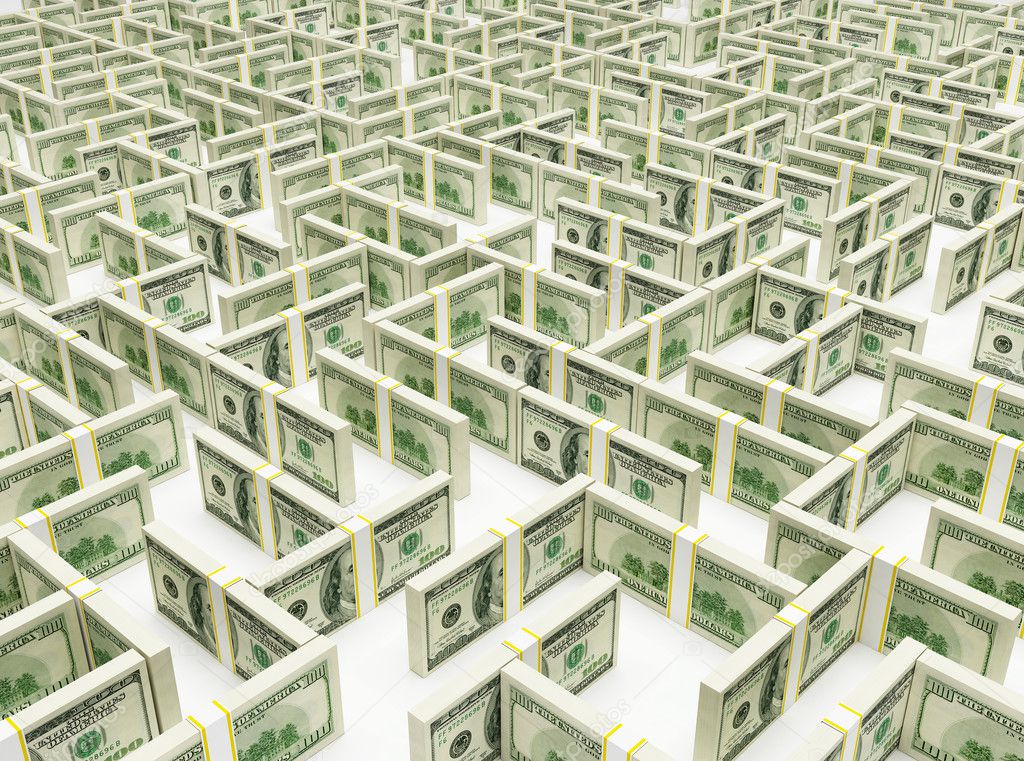 Financial Maze Labyrinth made of 100 usd banknotes. High resolution 3D rendering.